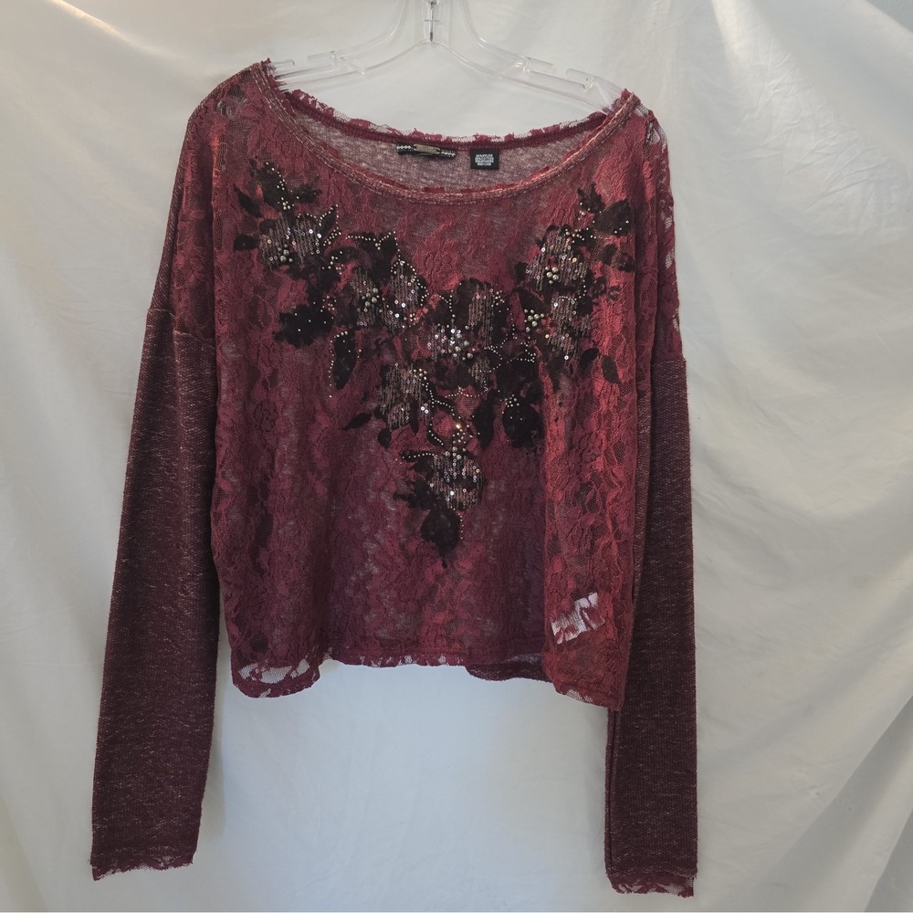Y2K Miss Me Embellished Sheer Floral Lace Top Long Sleeve Maroon Fairycore S
